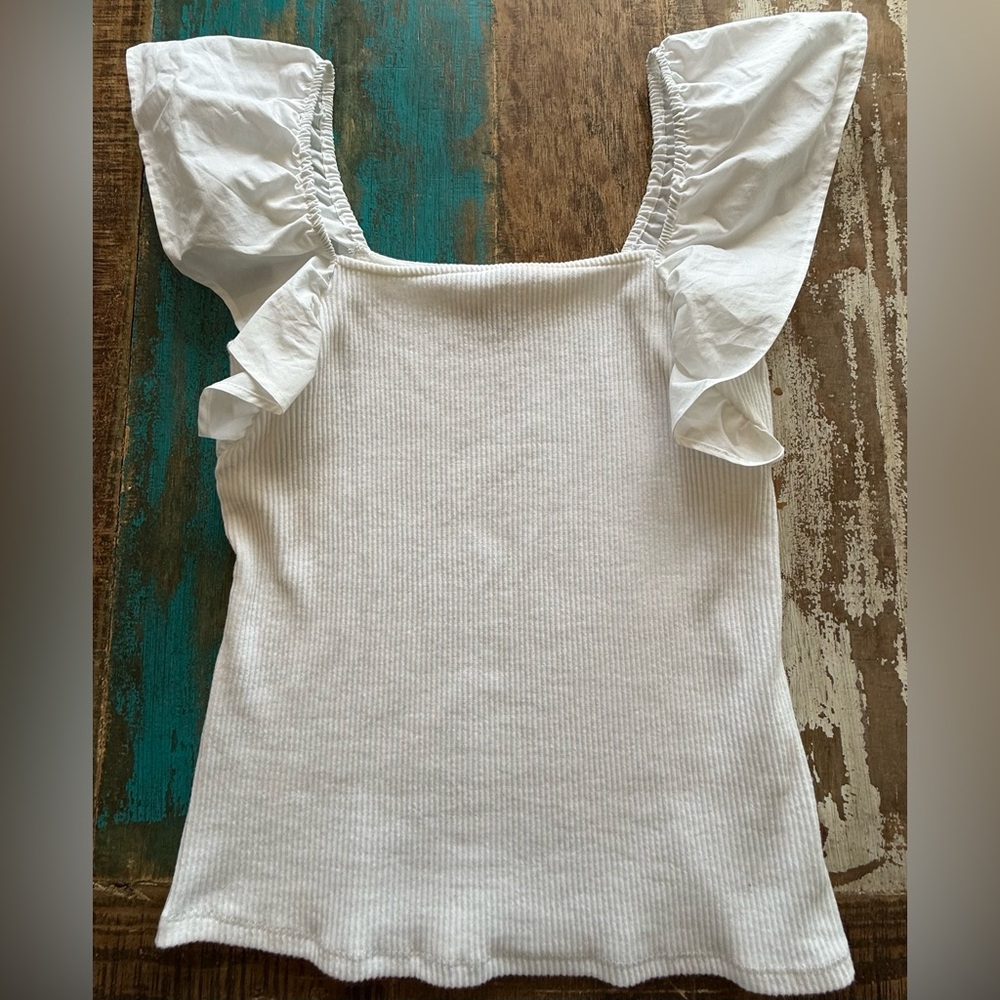 A New Day Ribbed White Flutter Sleeve Top